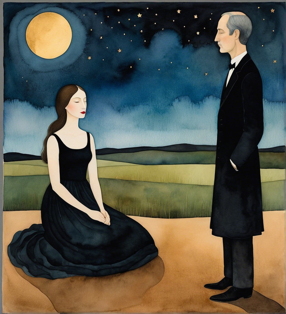 Woman in Black Dress and Man in Formal Attire Under Moonlight