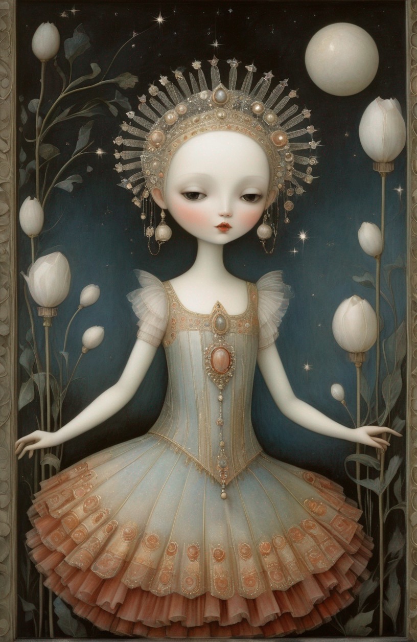 Pale ethereal female figure in ornate dress with large eyes and headdress among white flowers
