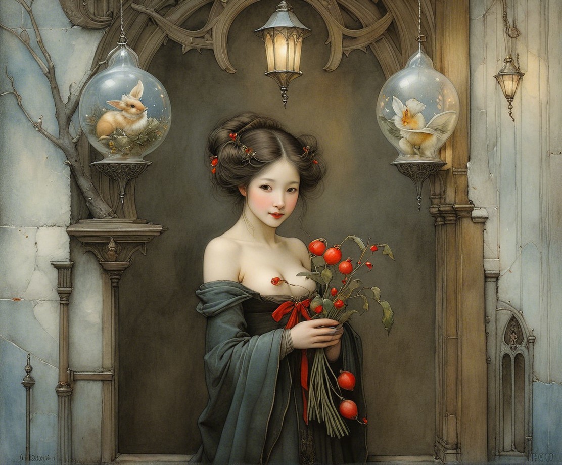 Young Woman in Dark Gown with Tomatoes in Gothic Setting