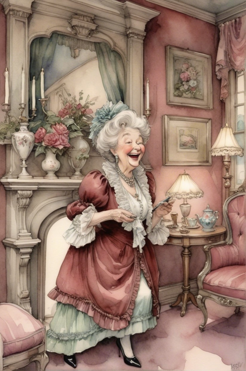 Elderly Woman in Vintage Gown in Elegant Room