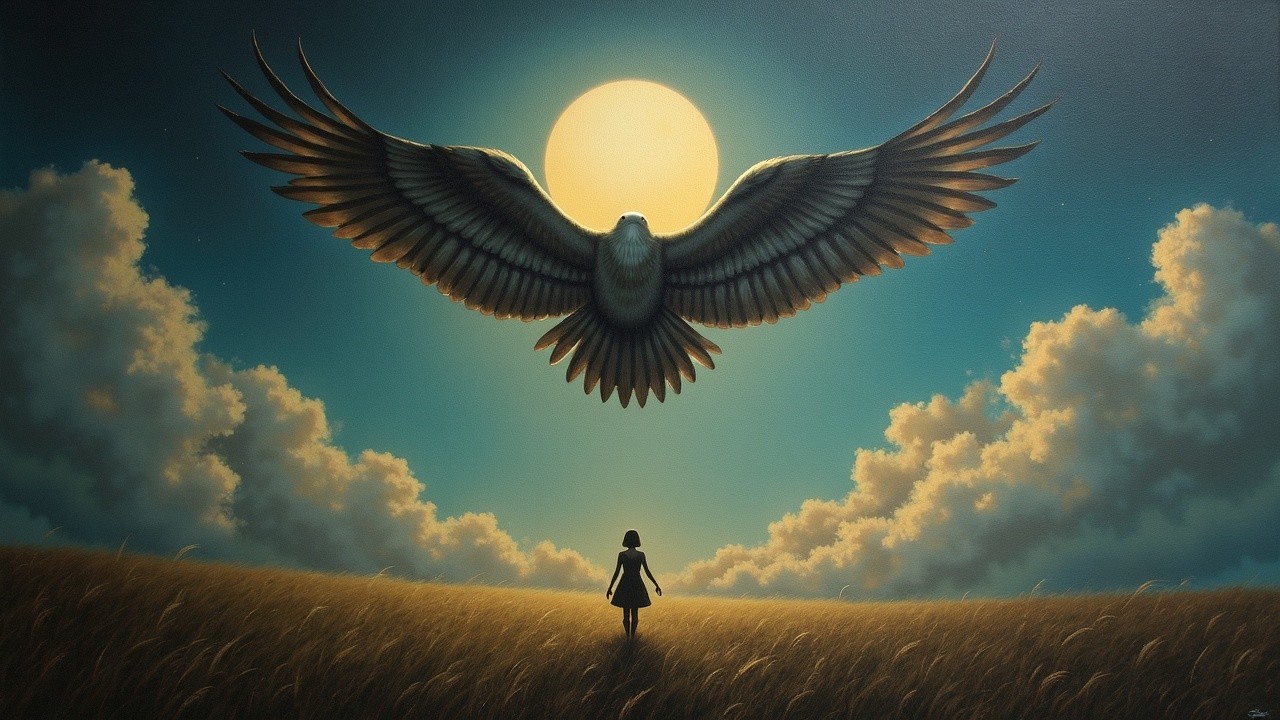 Surreal Landscape with Girl, Eagle, and Full Moon