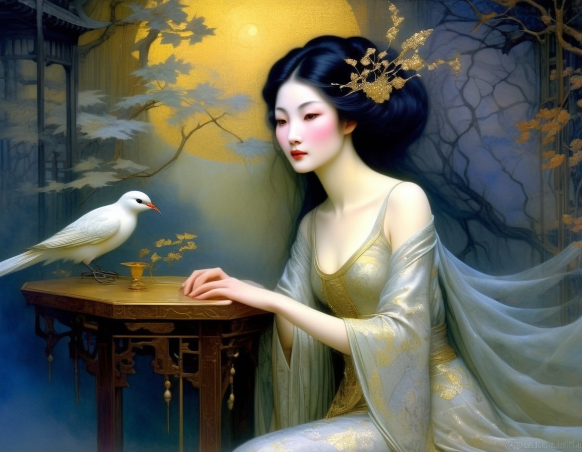 Serene illustration of a woman beside a white bird