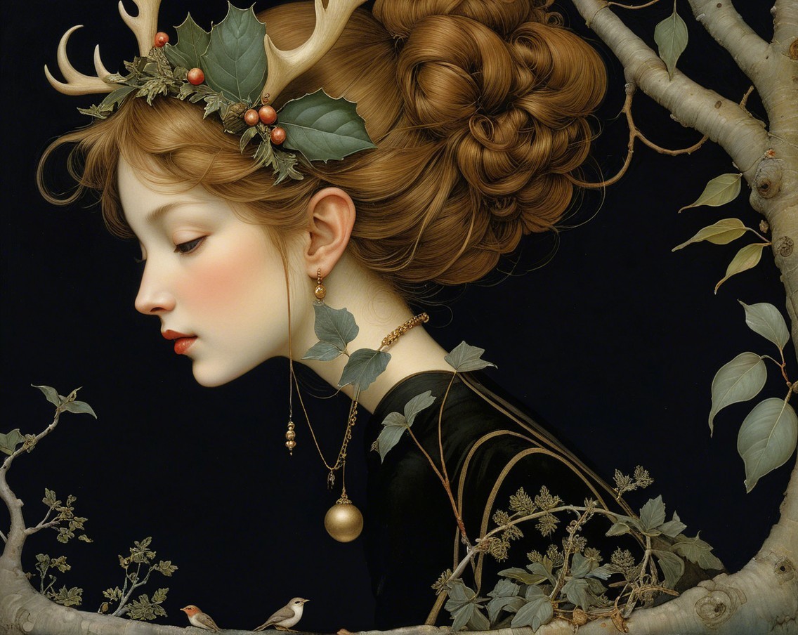 Serene Young Woman with Antlers and Holly Leaves