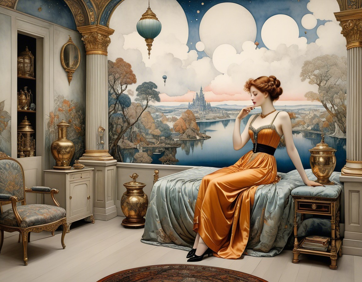 Luxurious Room with Woman in Orange Gown and Mural