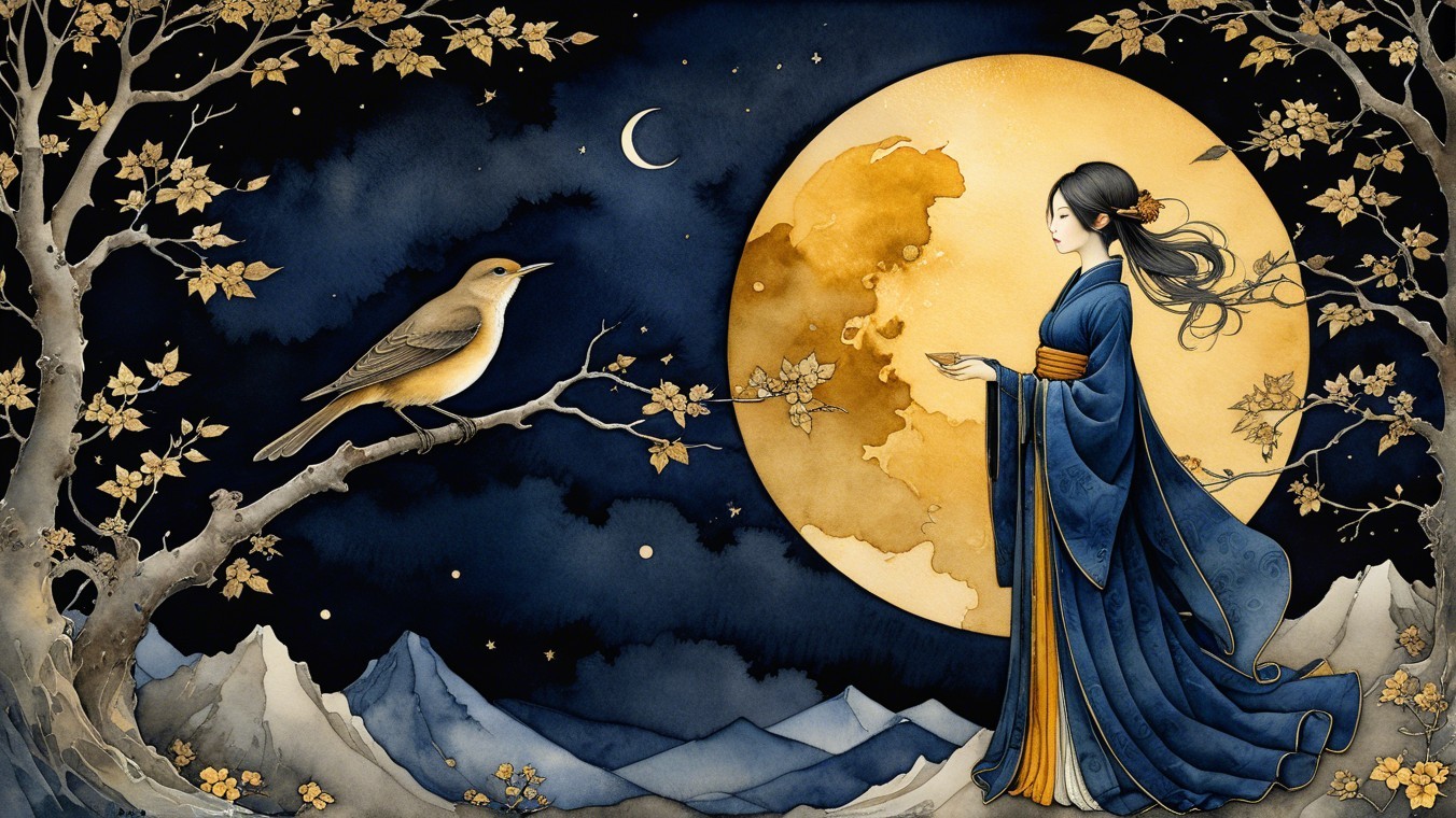 Woman in Blue Robe on Mountainside Under Full Moon
