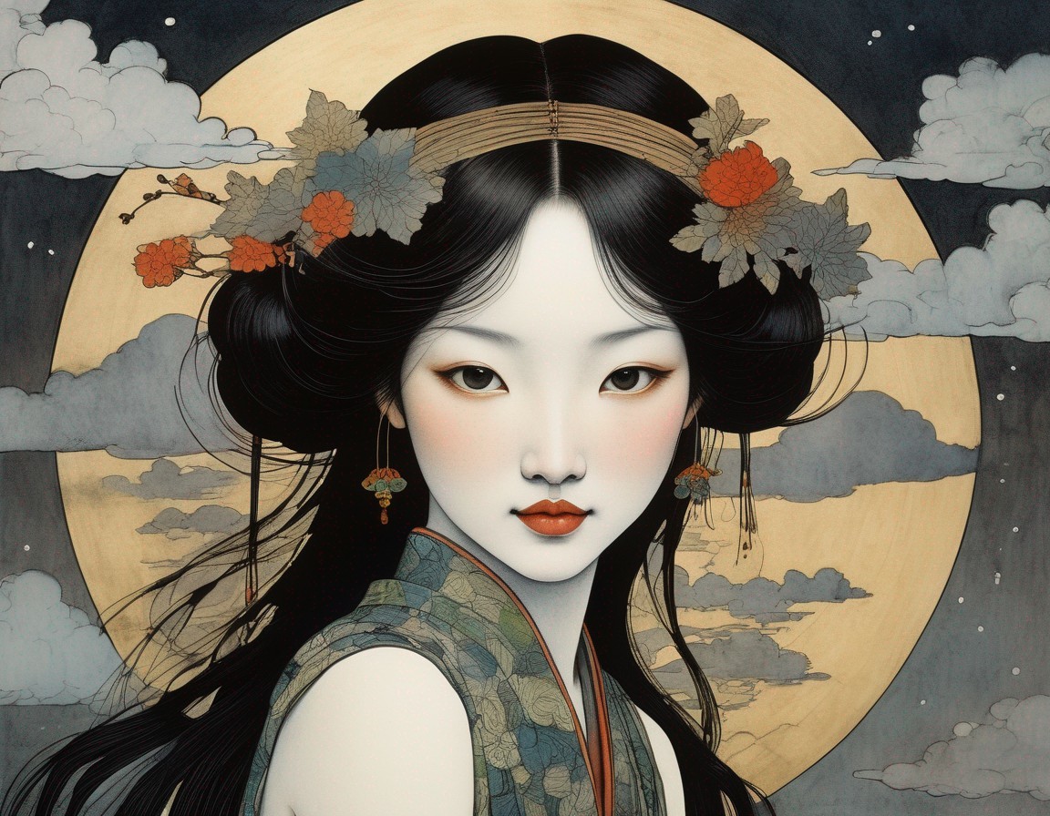 Young woman with black hair and floral accessories