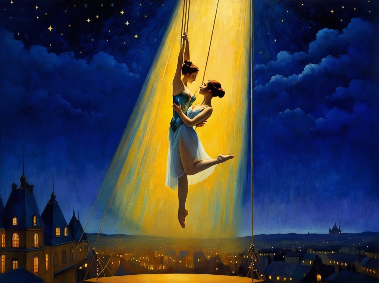 Ballet Dancers on Trapeze Above City at Night