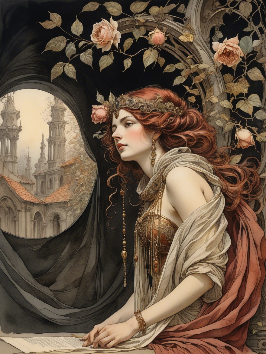 Serene Woman with Red Hair at Ornate Window