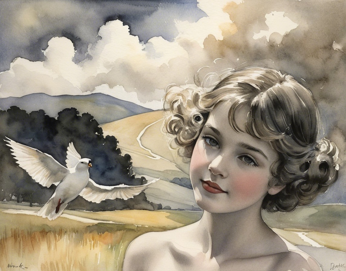 Watercolor Painting of Girl with Dove and Hills