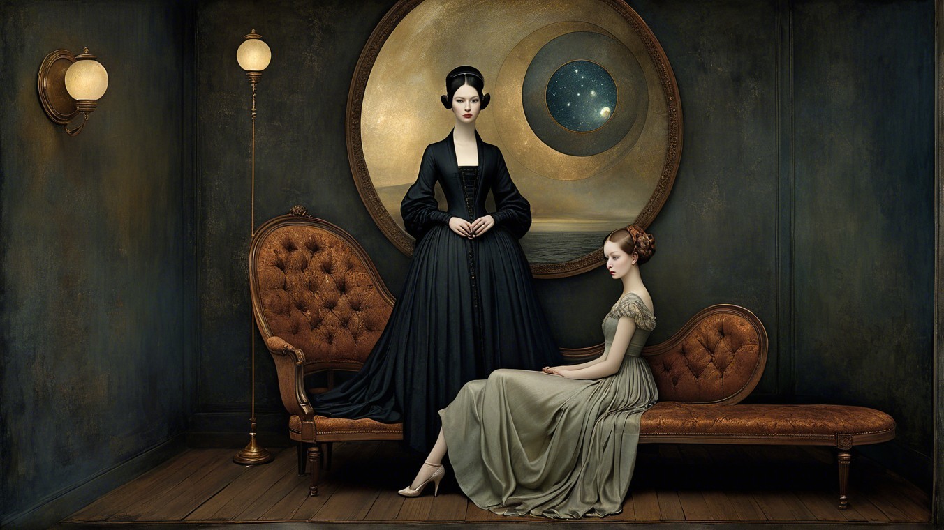 Elegantly Dressed Women in Celestial-Themed Room