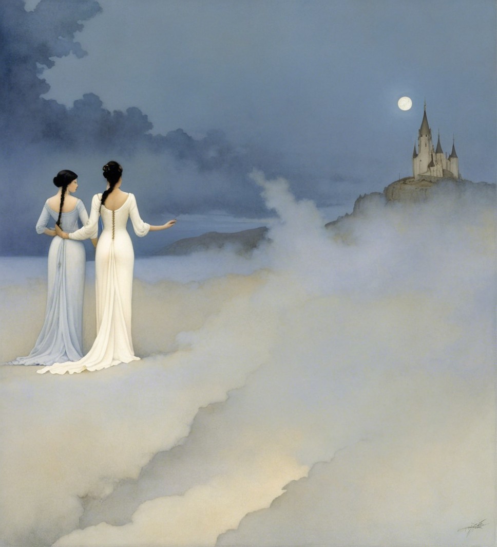 Ethereal Women in White Gowns Over Misty Landscape