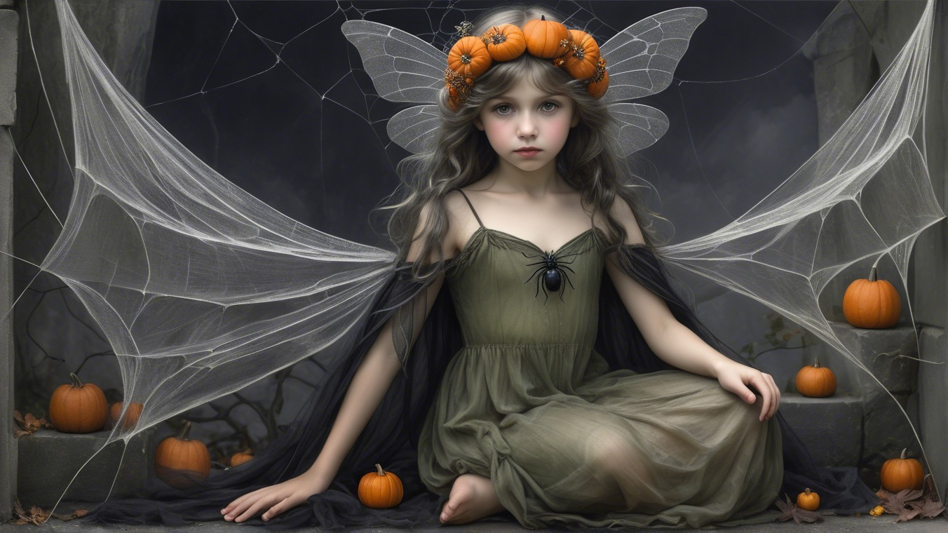Whimsical Fairy Among Pumpkins with Delicate Wings