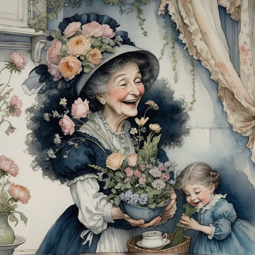 Elderly Woman and Young Girl Surrounded by Flowers