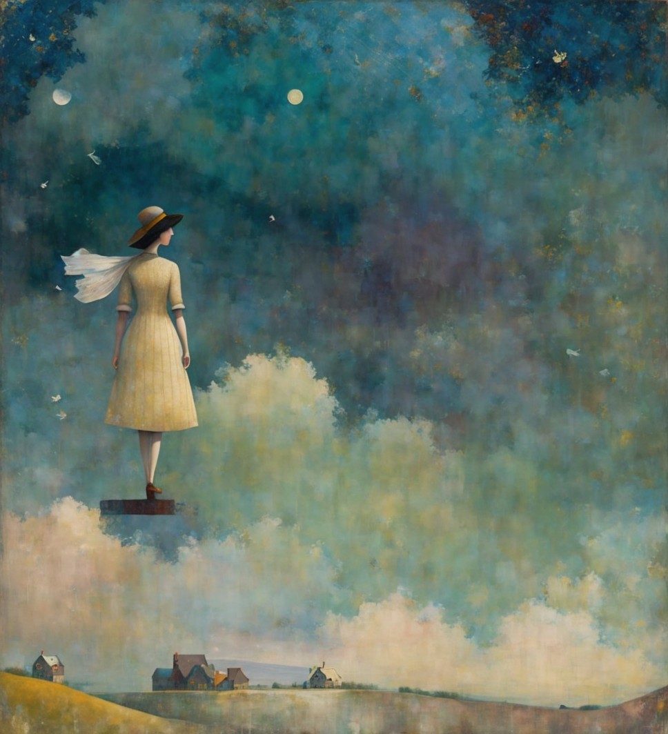 Whimsical Scene with Floating Platform and Two Moons