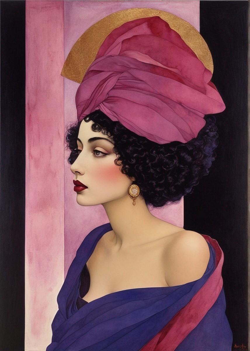 Portrait of a woman in red turban and gold earring