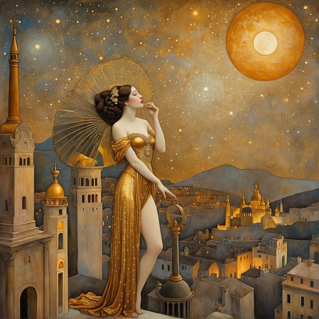 Woman in gold gown with parasol under night sky