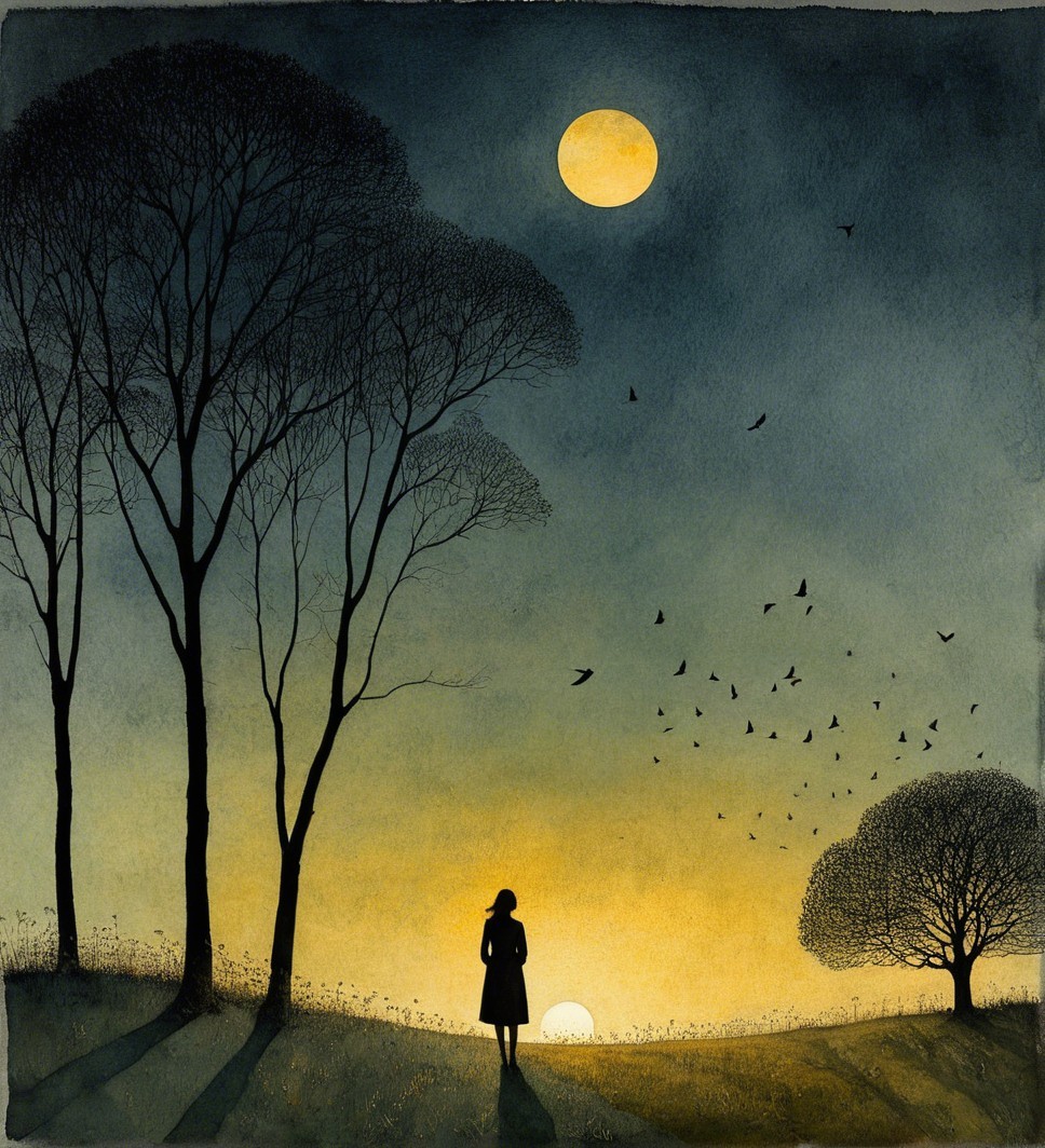 Silhouetted Figure in Serene Landscape at Sunset