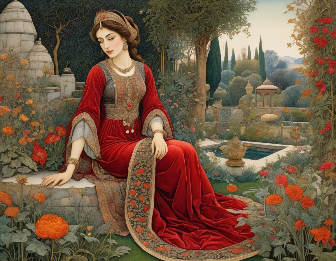 Woman in Traditional Attire in Serene Garden Setting