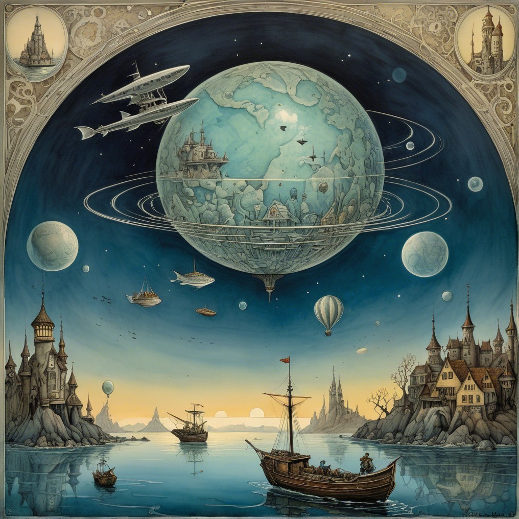 Surreal Landscape with Celestial Bodies and Castles