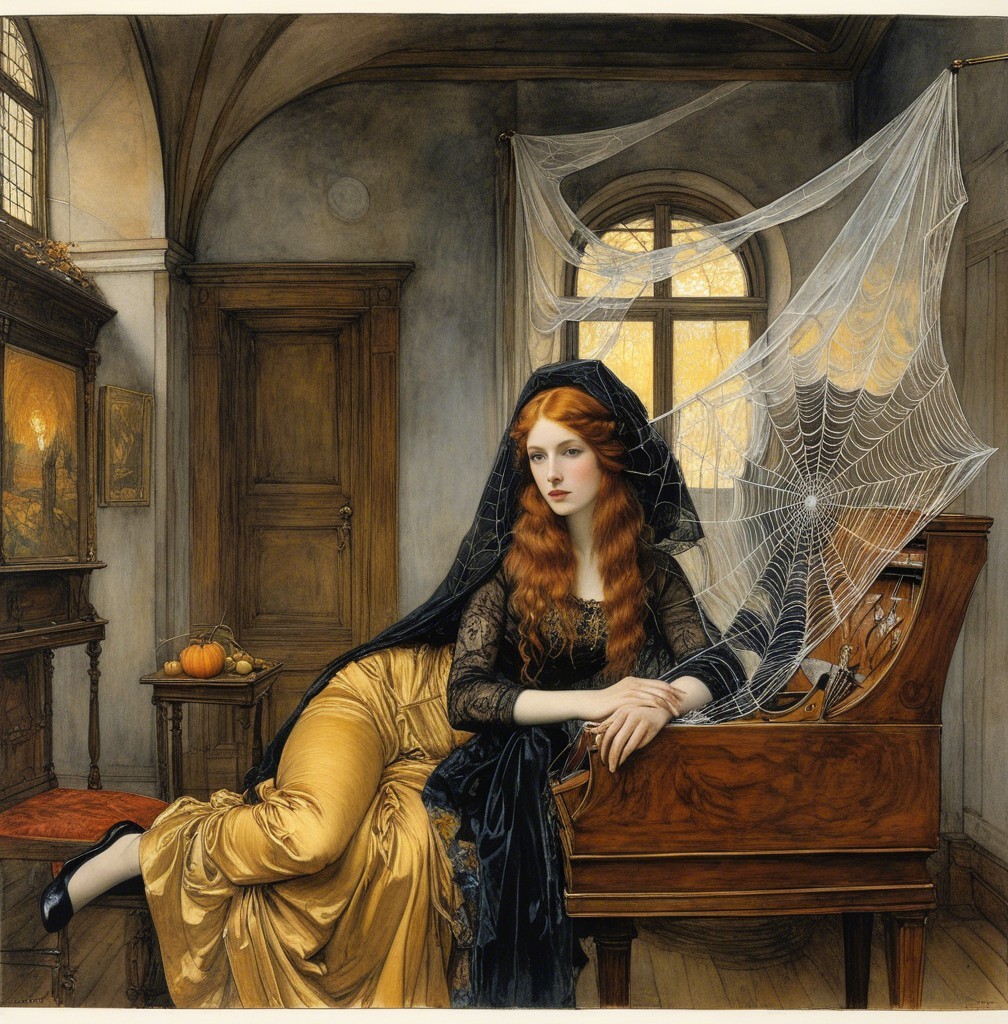 Woman at Grand Piano in Dimly Lit Room with Cobwebs