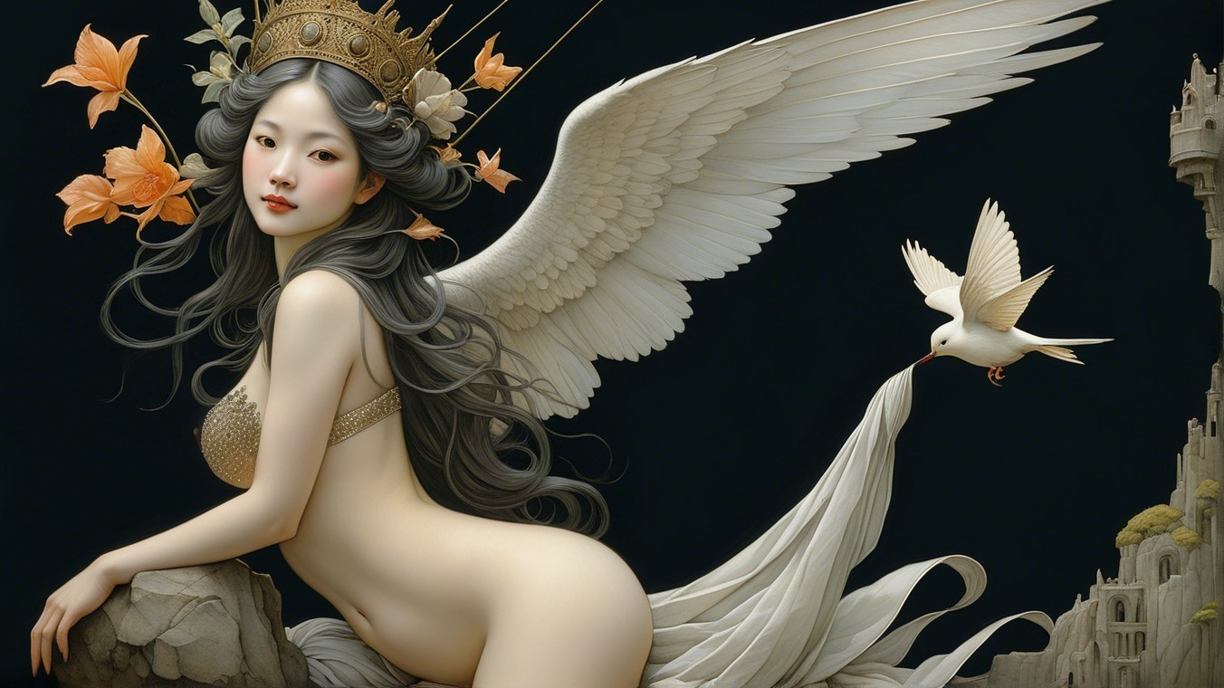 Ethereal Figure with Wings and Castle Background