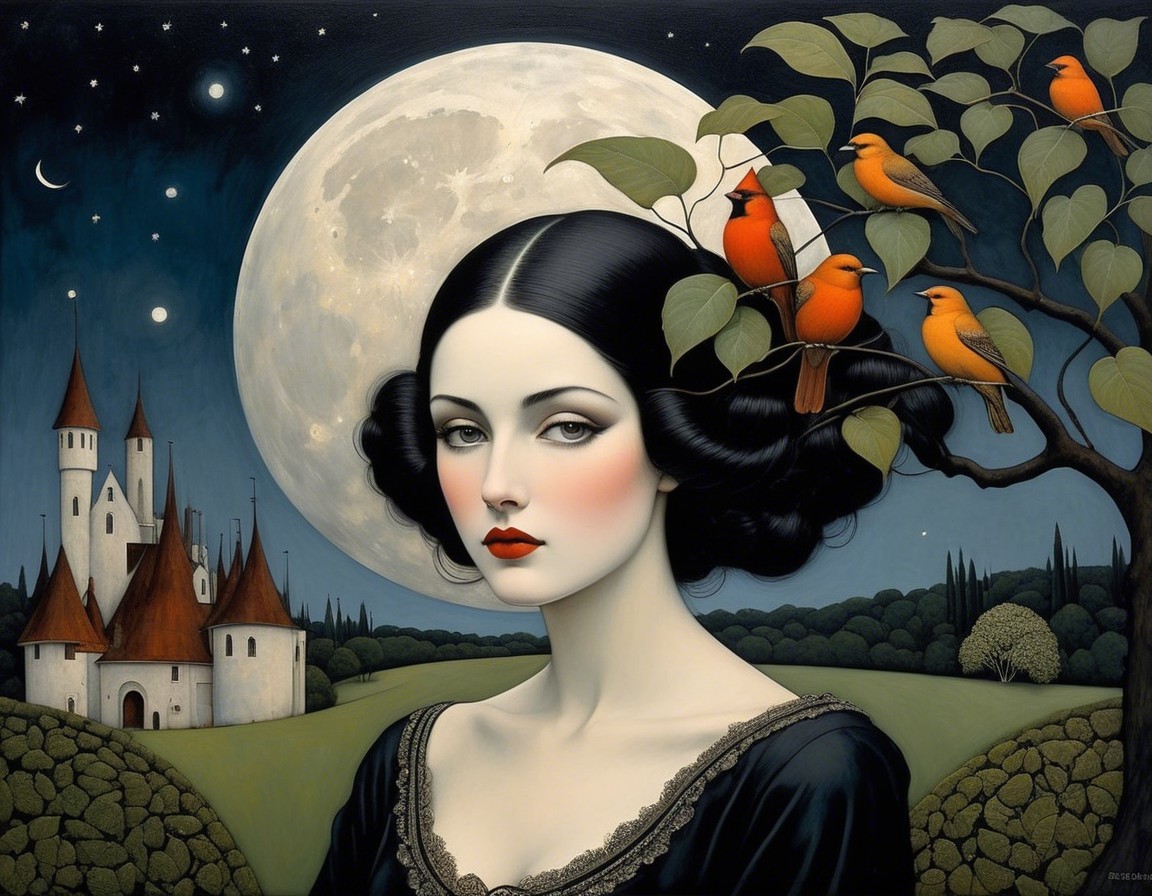 Mysterious Woman in Black Dress with Ethereal Background