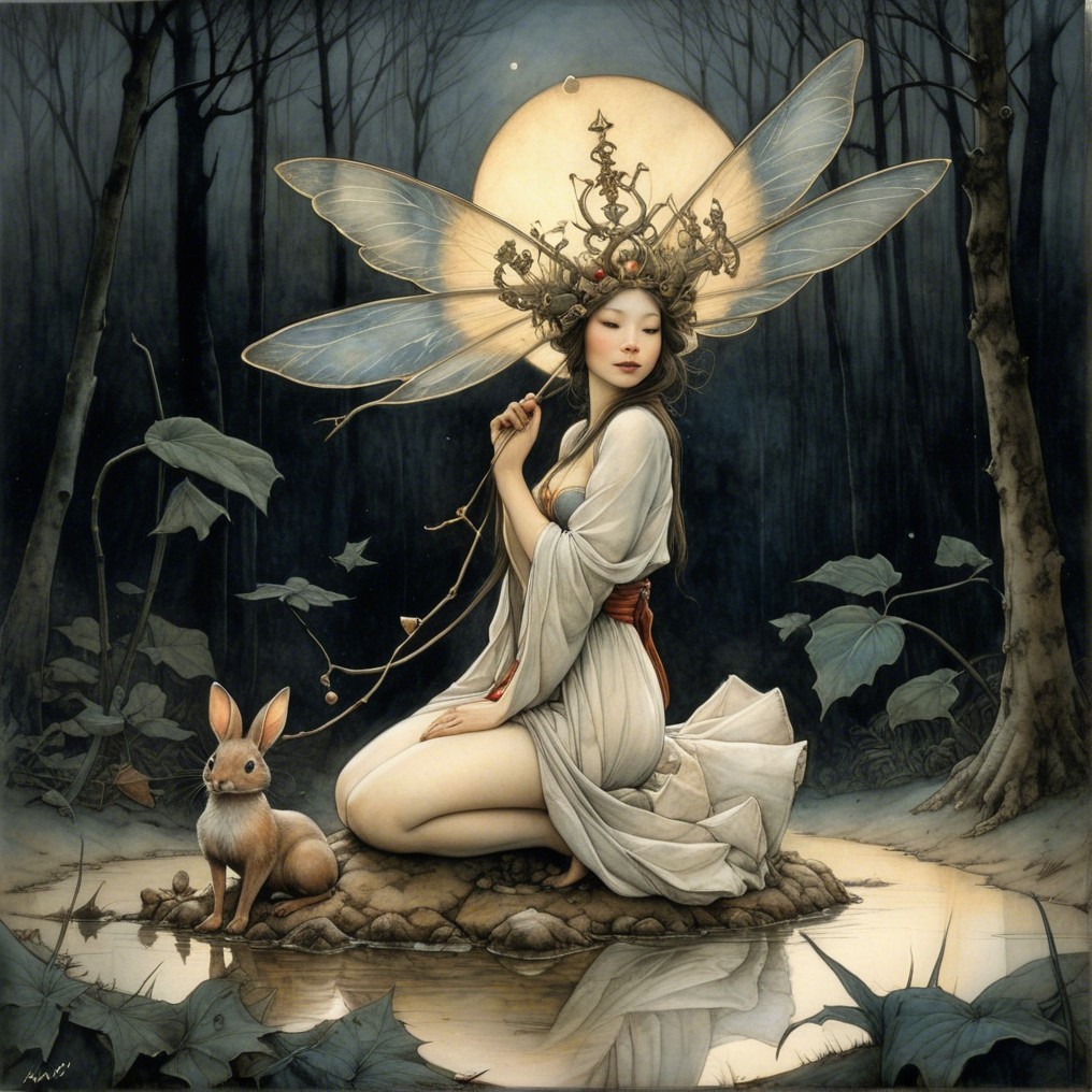 Moonlit Forest Scene with Ethereal Figure and Rabbit