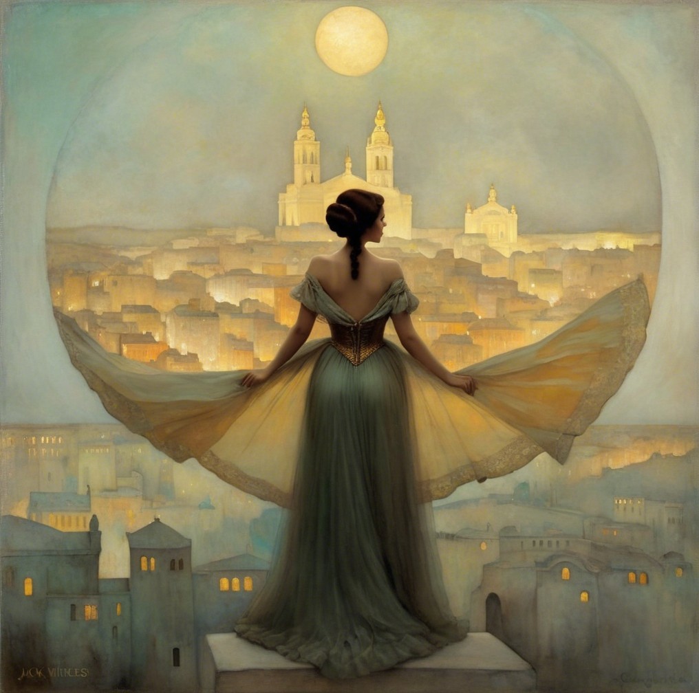 Woman in Gown Overlooking Moonlit Cityscape