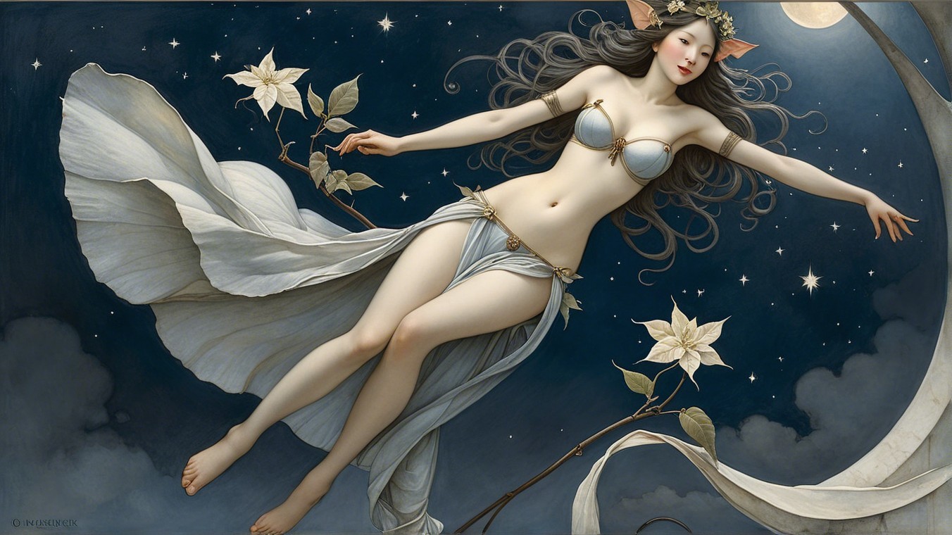 Ethereal figure in a starry night with moonlight