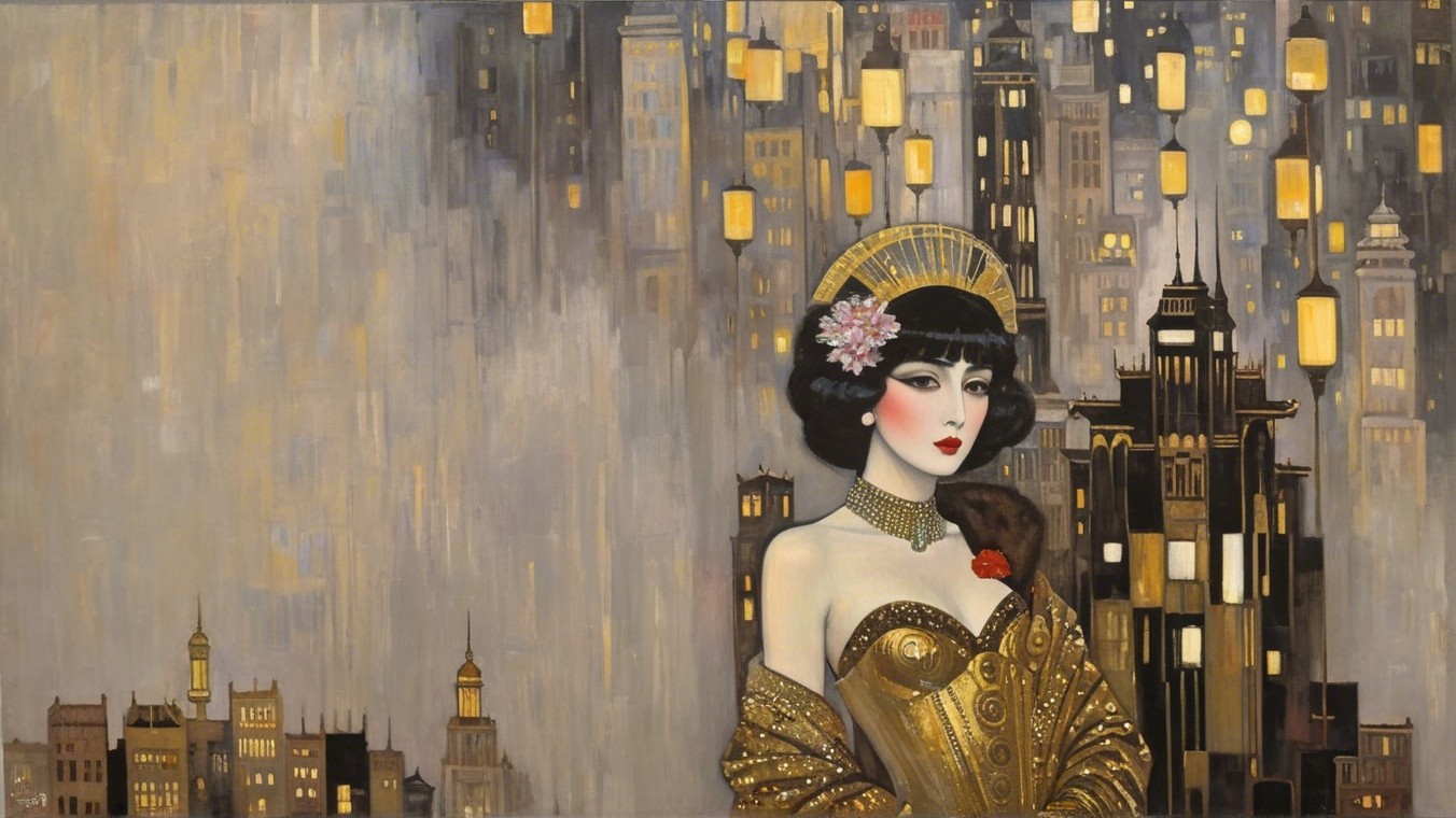 Glamorous Woman in Vintage Gold Dress with Cityscape