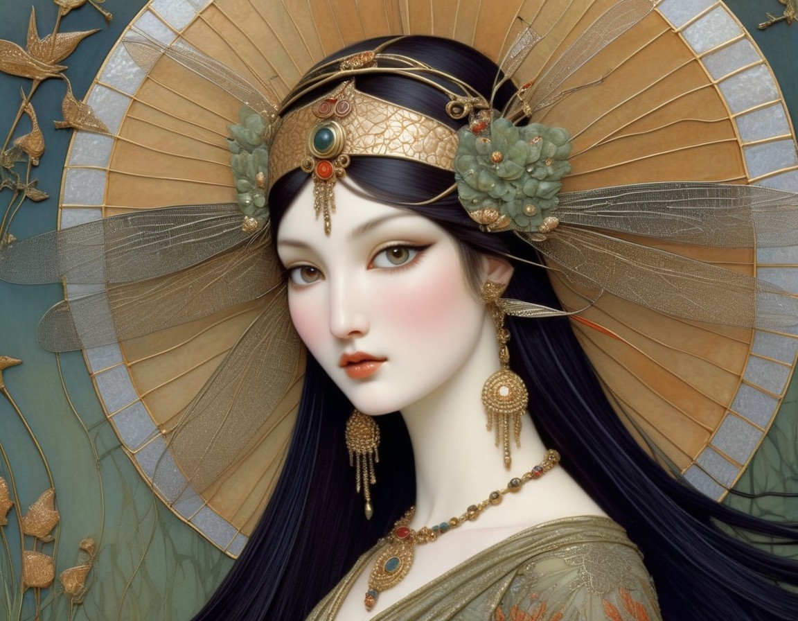 Ethereal Woman with Ornate Headdress and Golden Leaves