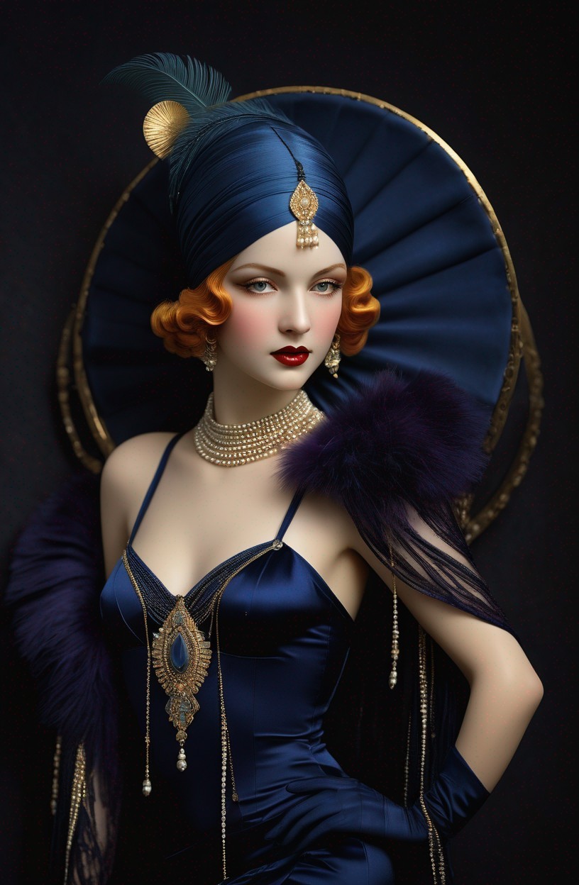 Stylized Portrait of Woman in Blue Turban and Dress