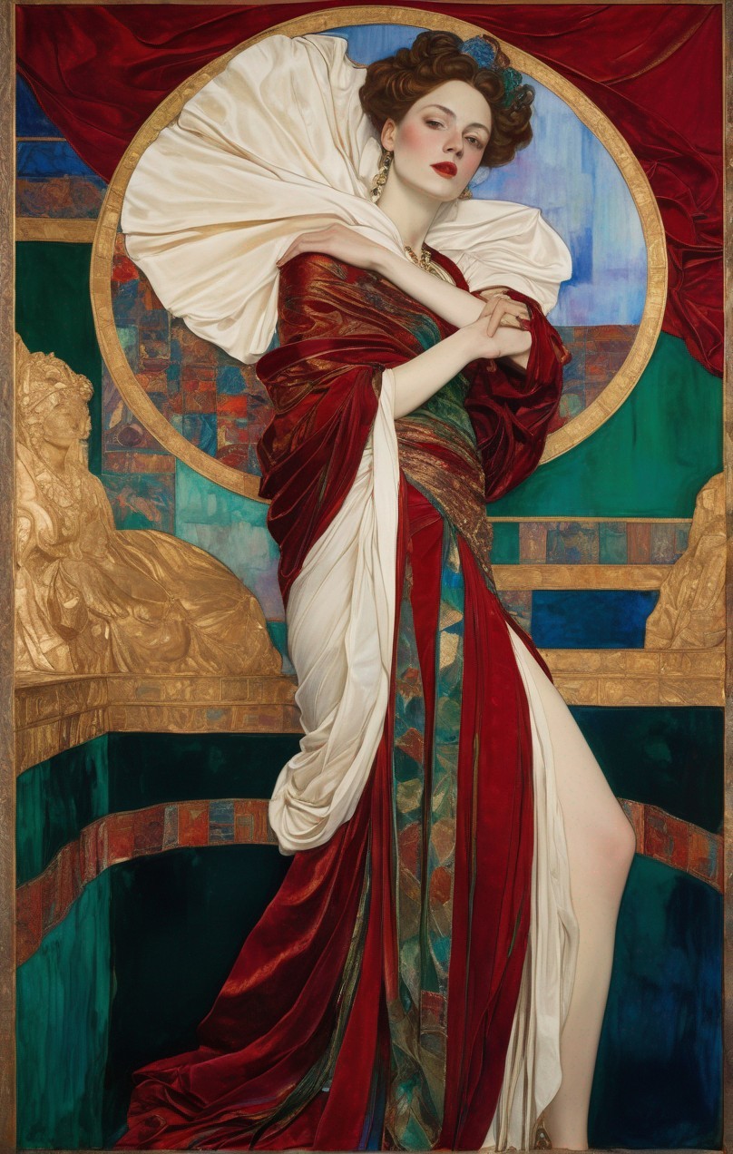 Regal figure in white and red dress with golden halo on decorative background