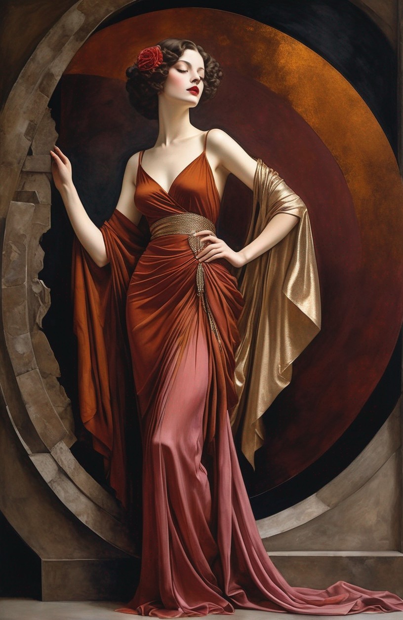 Woman in Rust-Colored Gown by Stone Structure