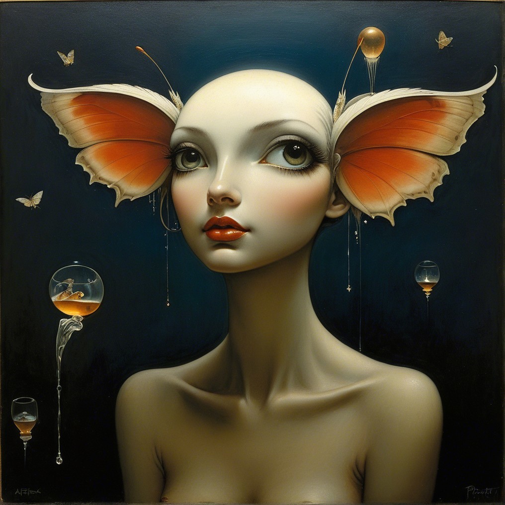 Surreal Female Figure with Butterfly Wings and Bubbles