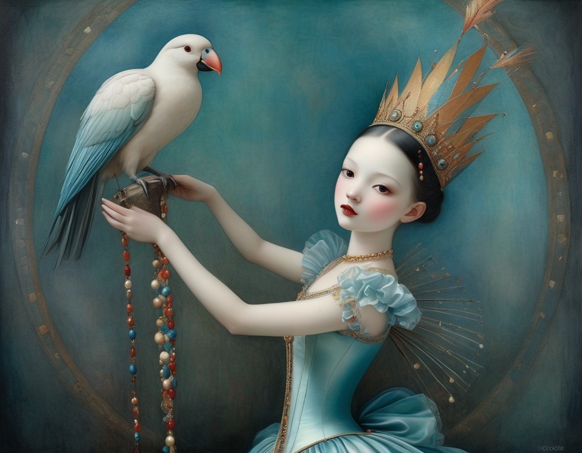 Pale doll-like woman with golden crown, beads, white parrot on blue backdrop