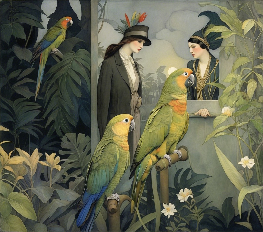 Elegantly Dressed Women in Tropical Setting with Parrots