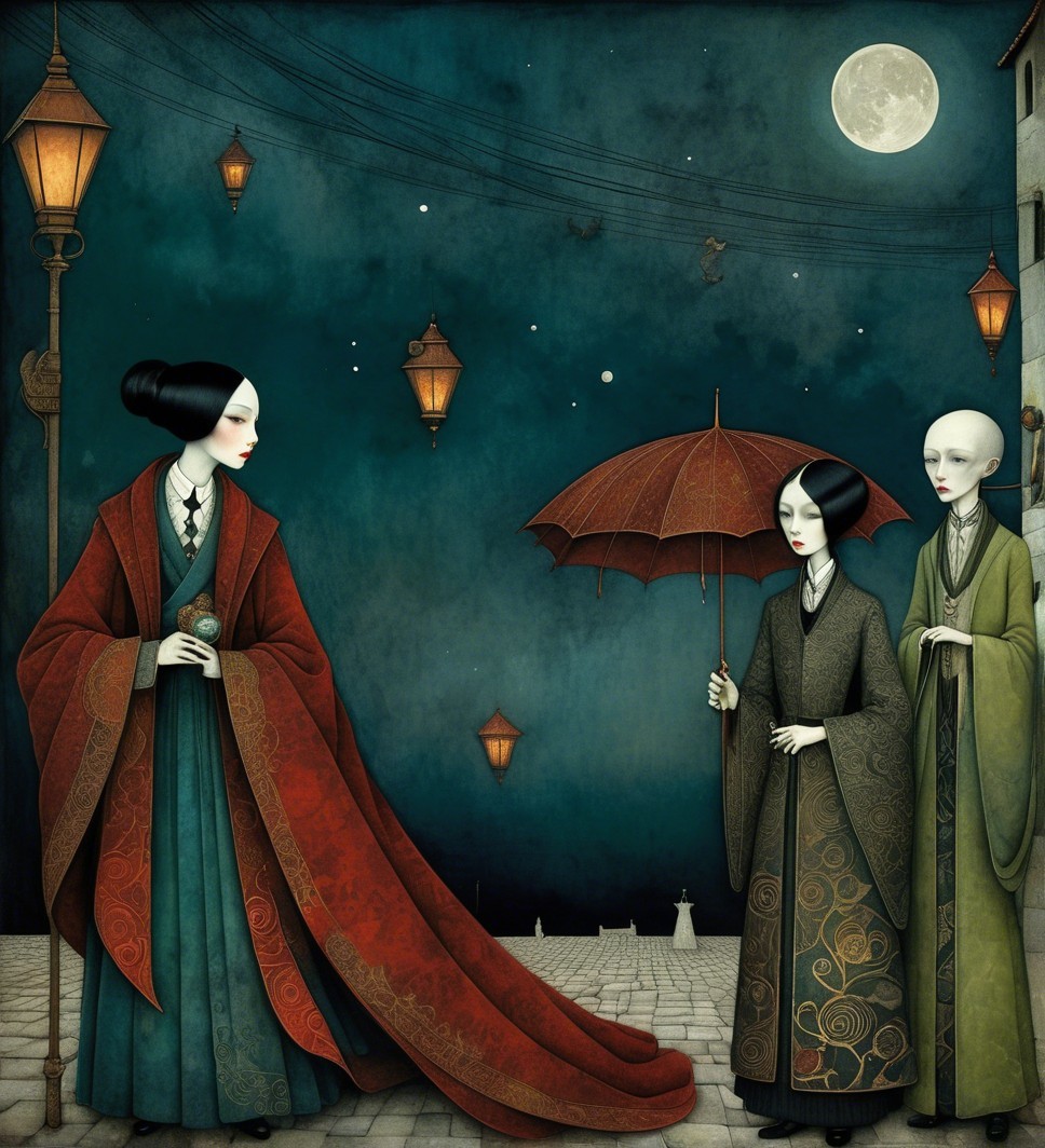 Dreamy Moonlit Scene with Traditional Attire Figures