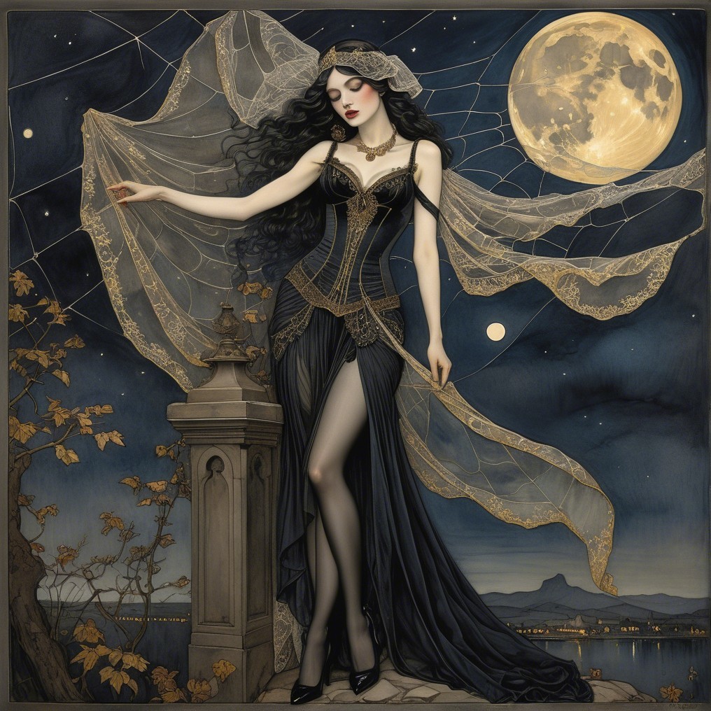 Elegant figure in dark gown under moonlit sky