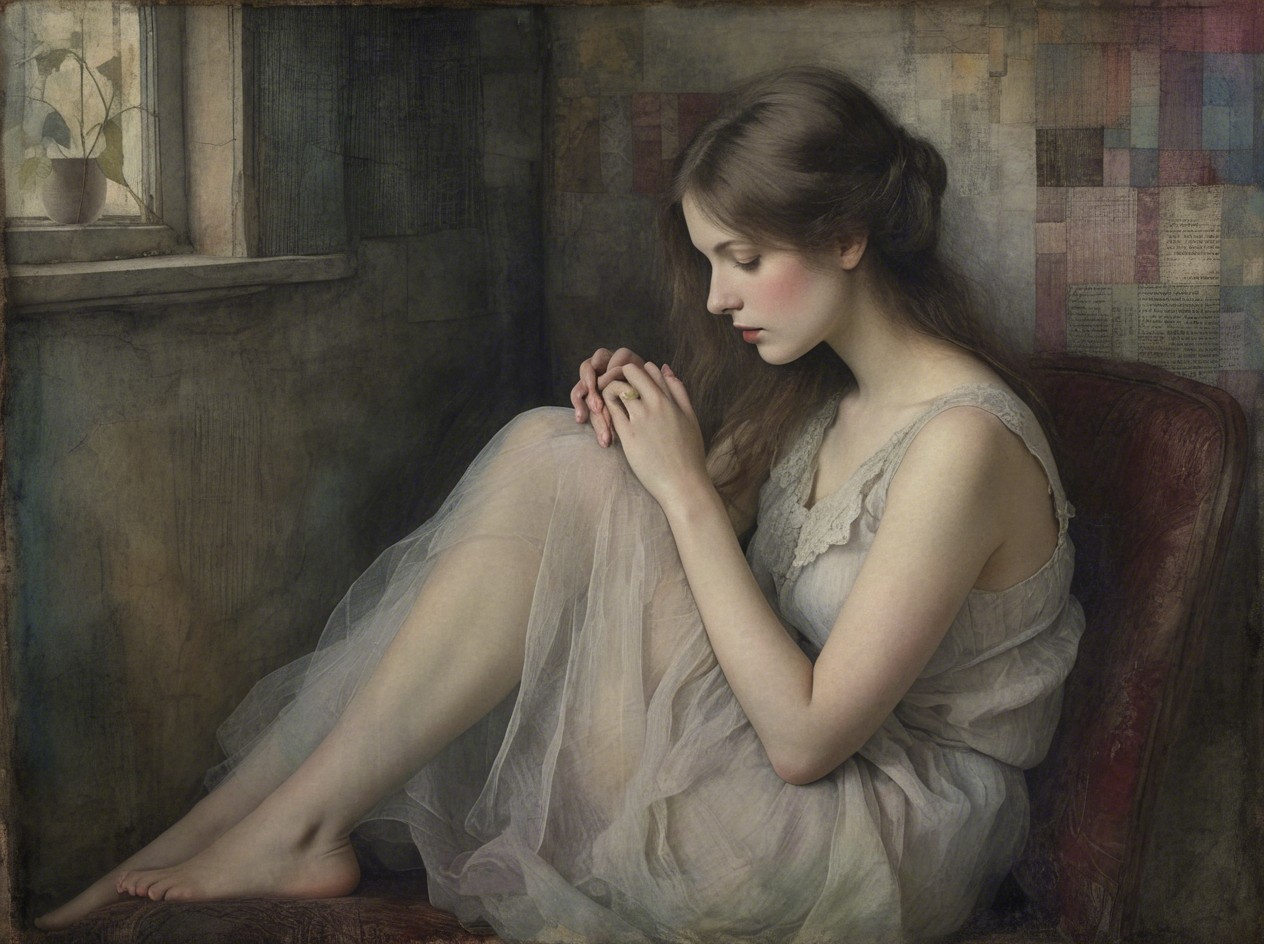 Melancholy Young Woman in Red Velvet Armchair