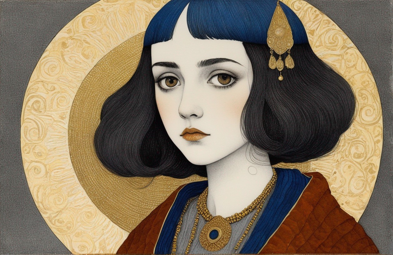 Woman with Bobbed Hair and Golden Halo Illustration