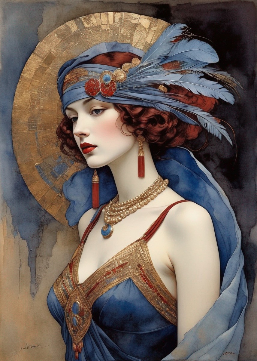 Illustration of a woman with halo and ornate headpiece