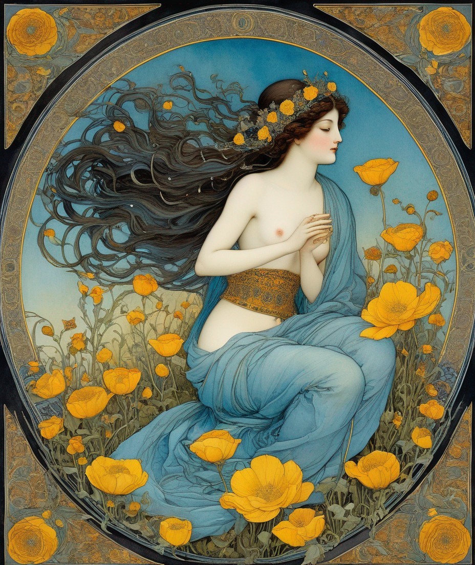 Art Nouveau Illustration of Woman with Yellow Poppies