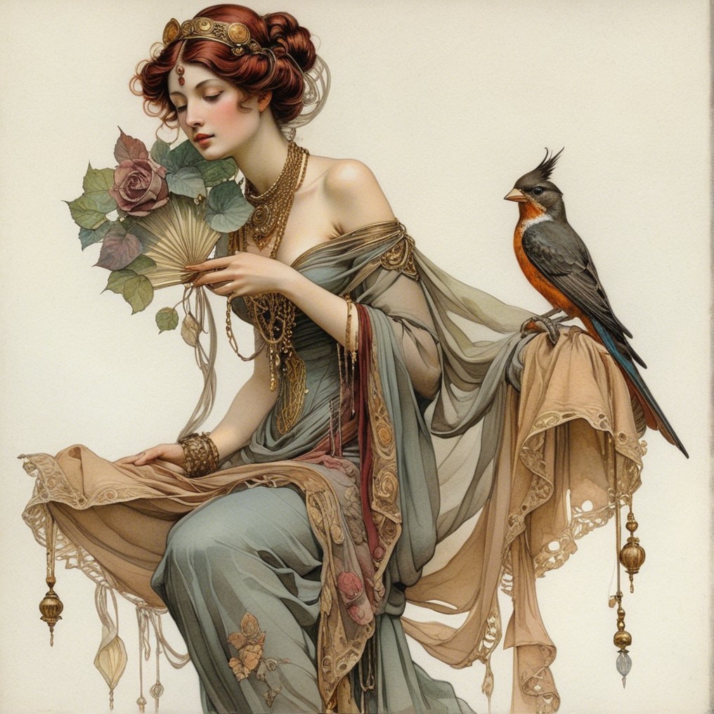 Elegant Woman in Flowing Garments with Bird and Roses