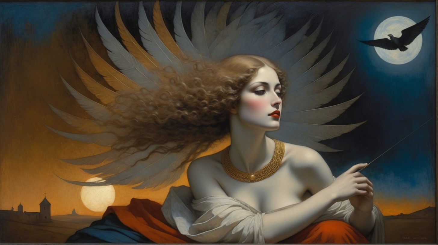 Regal Woman with Wings in Moonlit Sky Artwork