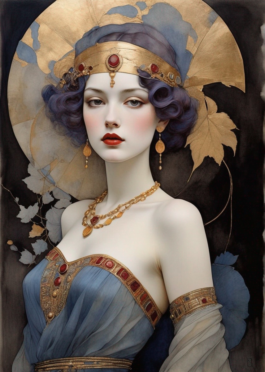 Stylized Portrait of Woman with Golden Headpiece