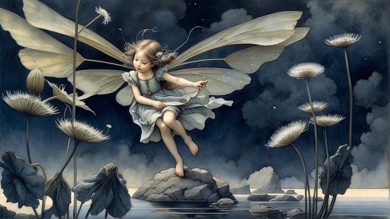 Whimsical Fairy Scene by Serene Water at Night