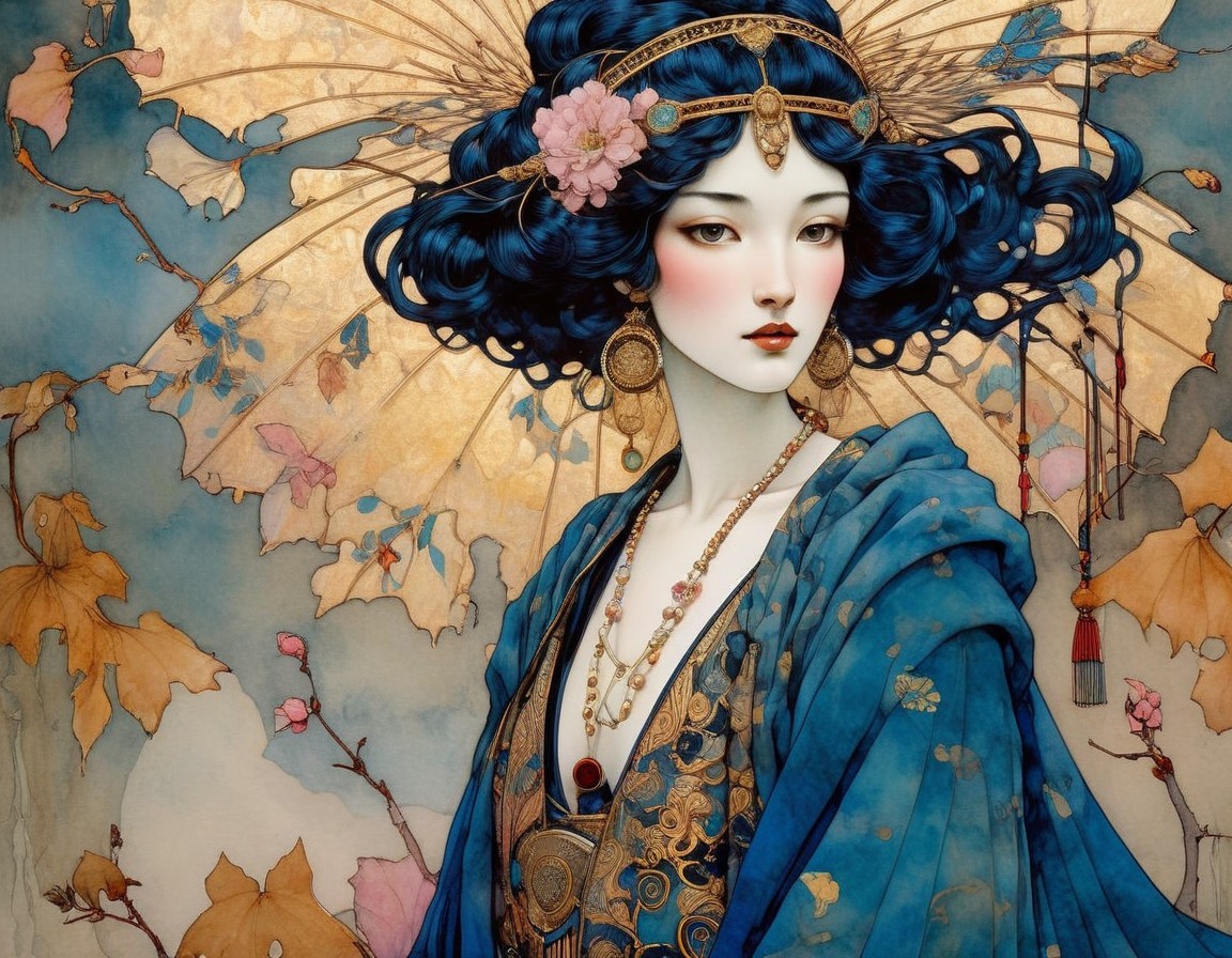 Illustration of a Woman with Blue Hair and Gold Accents