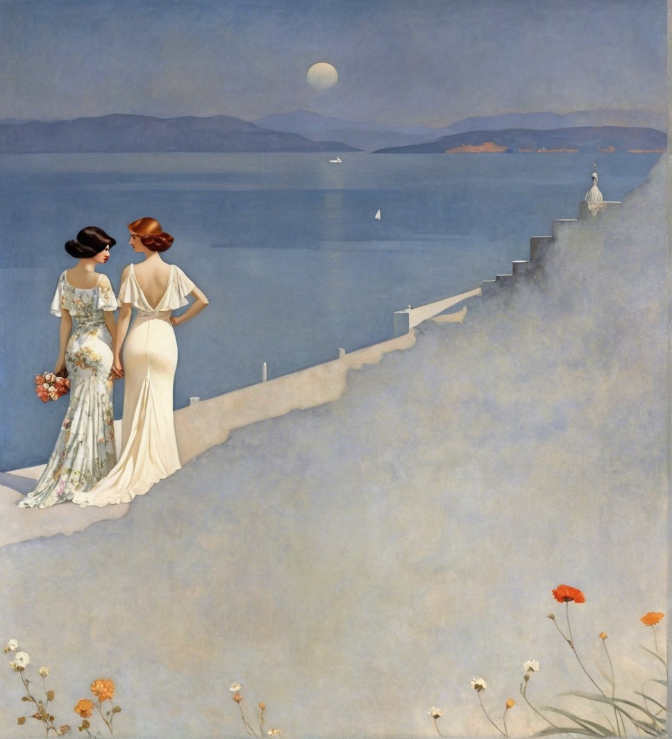 Elegantly Dressed Women Overlooking Serene Seascape