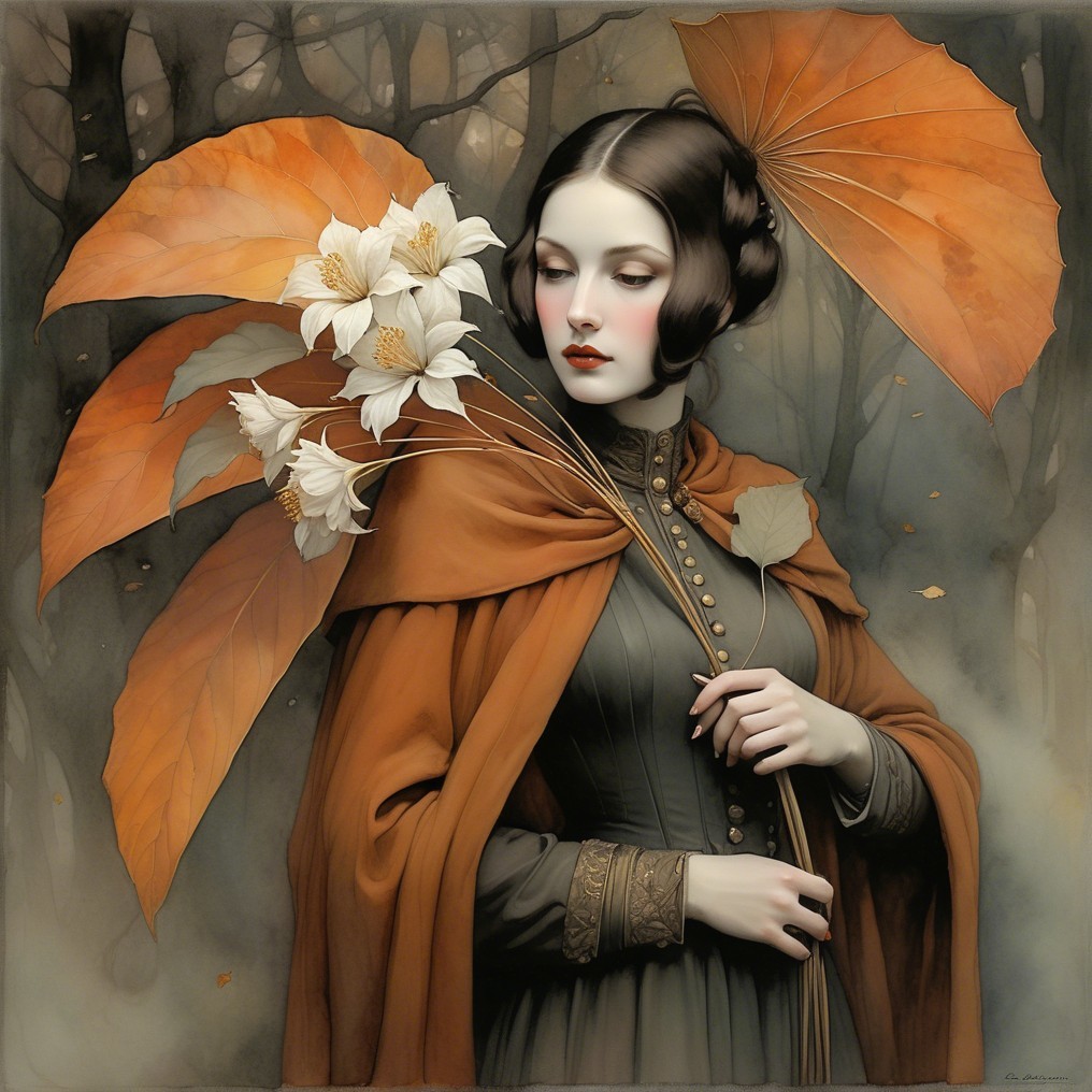 Woman in Elegant Dress with Flowers in Misty Forest